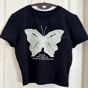 Zero Circle Butterfly Crop Tee Black Distressed Denim Appliqué XL